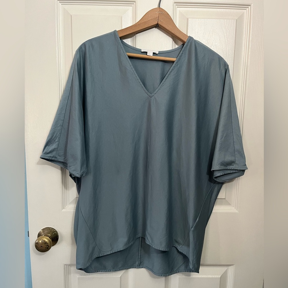 COS 100% Cotton Blue V Neck Oversized Short Sleeve Top Relaxed Fit High-low